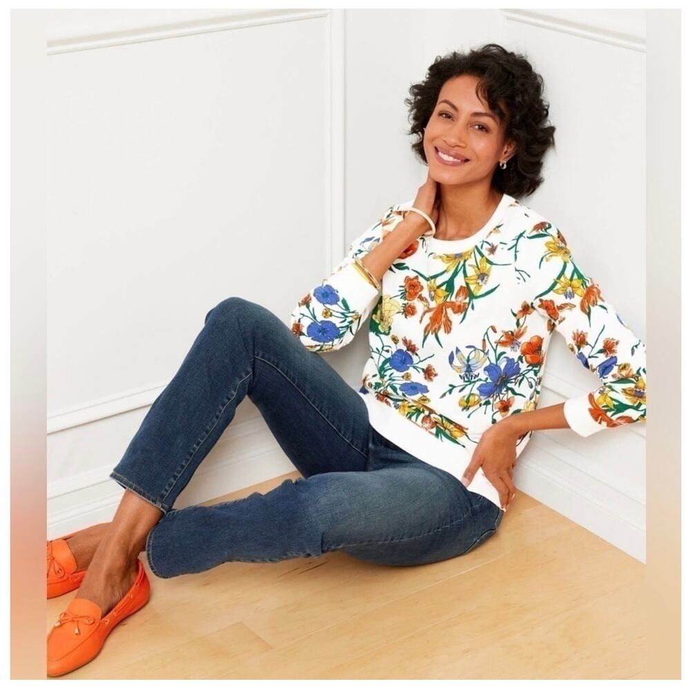 Talbots White Floral Sweatshirt Botanical Pullover Crewneck Sz XL